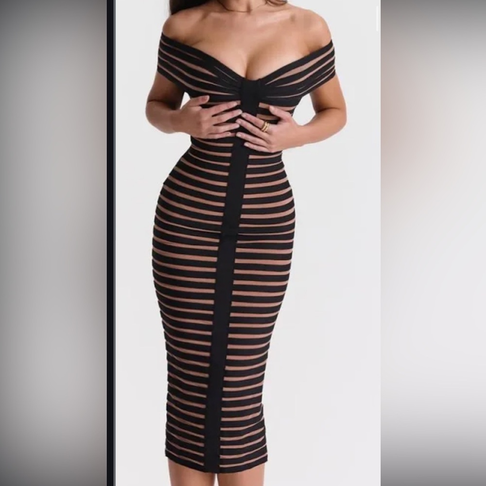 Elegant Black and Tan Striped Off-Shoulder Dress